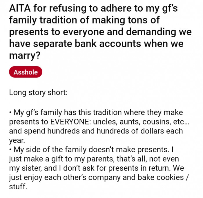 Here is a summary of the post and their opposing family traditions.