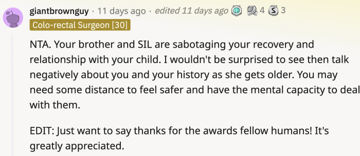 The lack of trust from the OP's brother and sister-in-law was apparent even after OP became sober