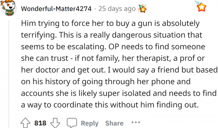 If she values her life and cares about the people who truly love her, she should get out of this abusive relationship.