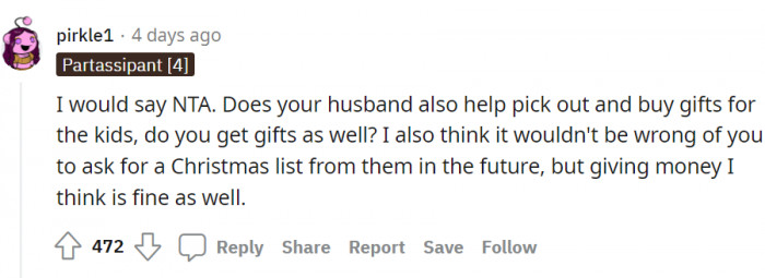 Money is fine. Maybe she can ask for a Christmas list next time.