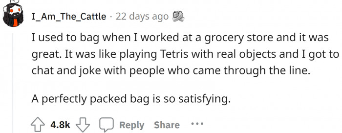 Since this person already worked at a store bagging groceries, it would not be a difficult task for him.