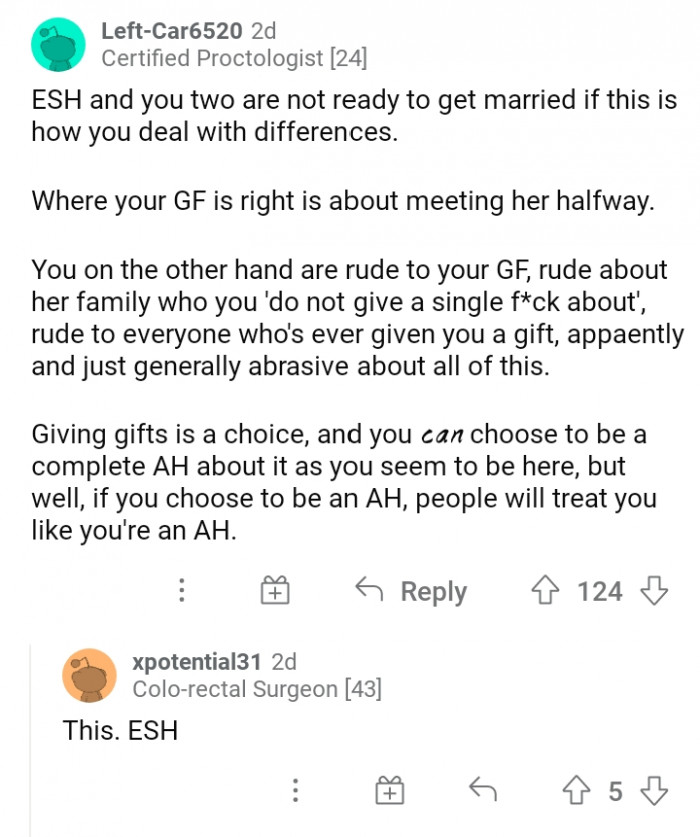 #16 Both of you are at fault: your girlfriend for forcing you to give gifts, and you for being rude toward her and her whole family.