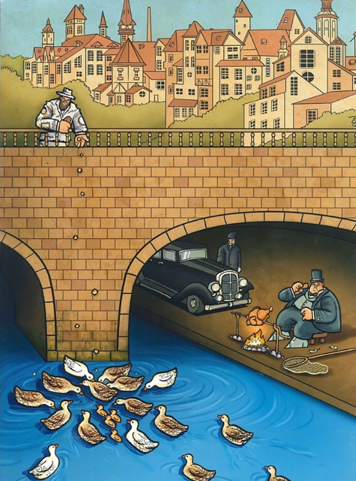 1. The homeless man selflessly feeds his tiny bit of food to the duck so that the rich, selfish person can enjoy it!