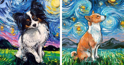Van Gogh Inspired Artist Creates Incredible Starry Night Series Featuring Dogs