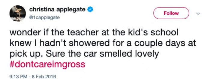 Christina Applegate needs a shower, but it's fine. Everything is fine.