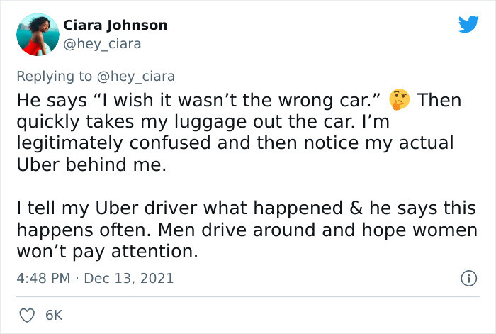 Fortunately, Ciara's actual Uber finally arrived, confirming that the driver who threw her luggage in probably had wicked intentions.
