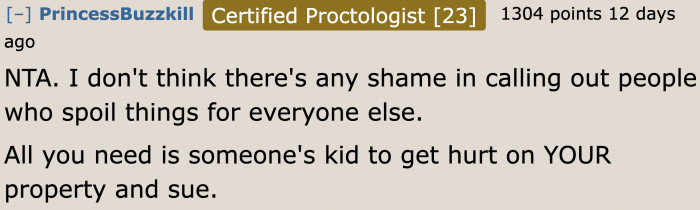 Maybe the incident had to happen. At least the original poster now knows that she's liable in case someone gets hurt on her property.