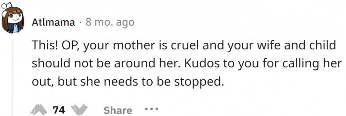 What the mother-in-law did was a borderline act of crime, and the husband should understand the need to stop his mother.