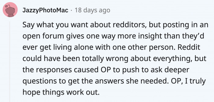 The Reddit community did a great job lifting OP up. They showed her what was really happening and empowered her to say enough.