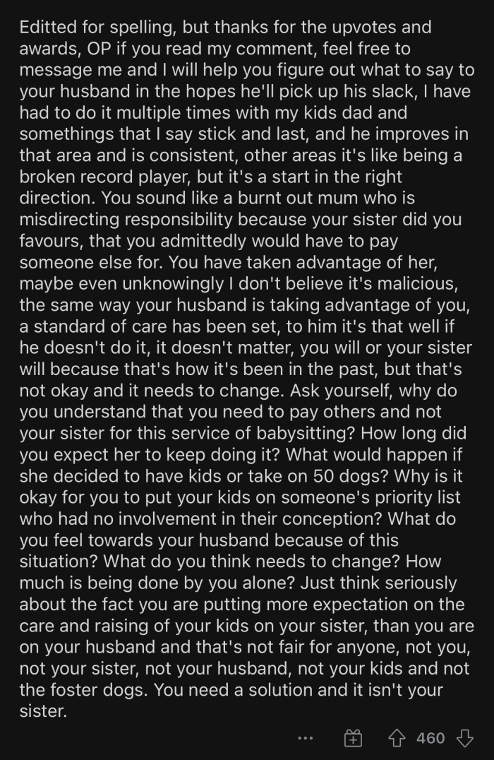 The user then offered to help OP figure out how to approach her husband with her suggestion.