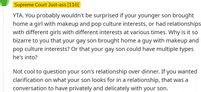 A conversation about the son's boyfriend shouldn't have happened in front of that boyfriend.