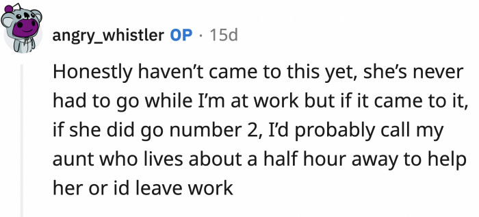 ... and further clarified that her mom doesn't soil herself while wearing diapers, and if she did, OP will either call her aunt to help or leave work early.