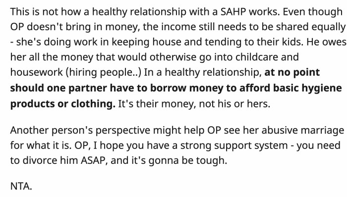 He's not giving her enough money, so OP has to borrow just to buy essential items! Then he belittles her efforts and role as a stay-at-home mom. This guy's a keeper.