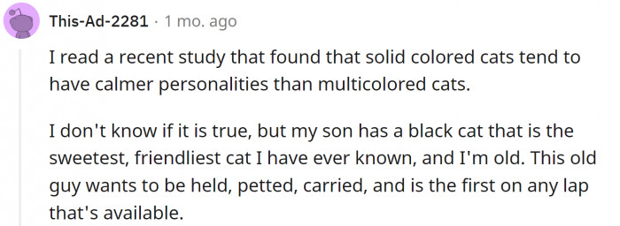 Apparently, solid-colored cats are calmer than multicolored cats.