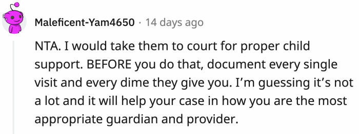 This is a good strategy for when OP takes them to court to sue for custody.