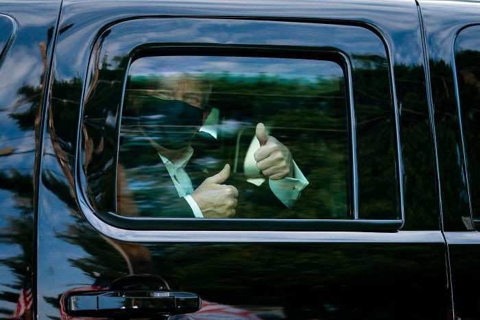 Before being released from he hospital, Trump didn't miss an opportunity to hog even more limelight by having a ride around to wave at his supporters, enraging everyone with two brain cells to rub together.