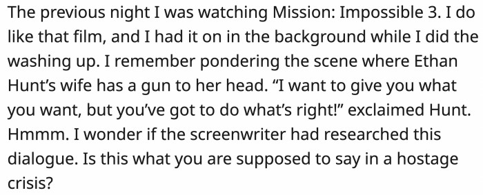 OP watched Mission Impossible 3 the night before, and a similar scene came to mind.