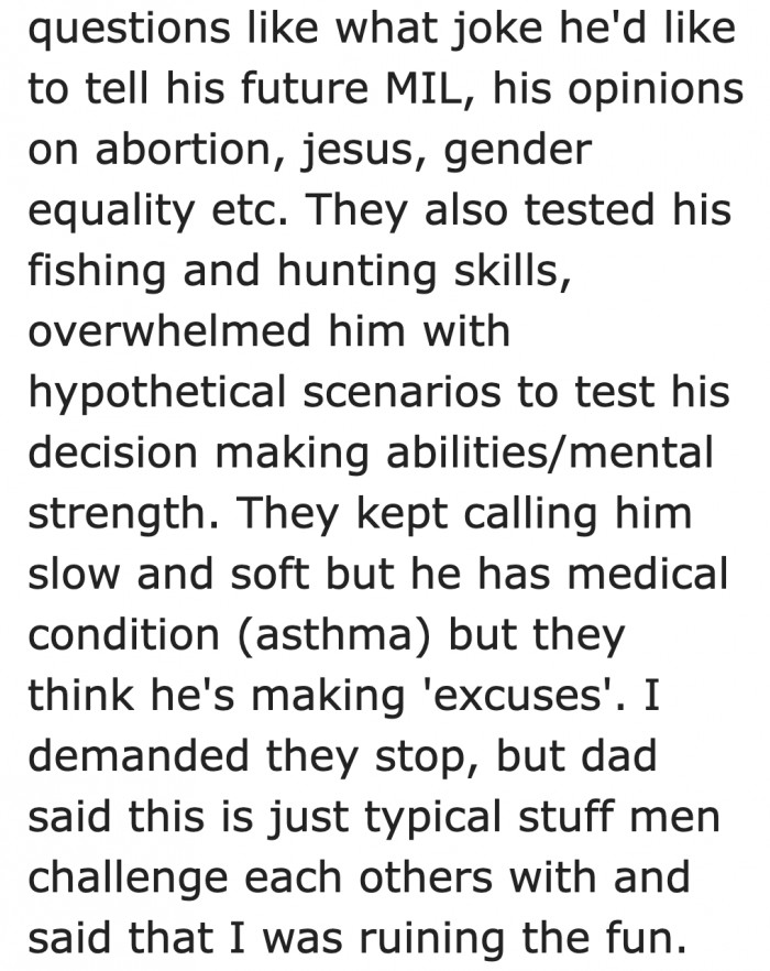 The men tried testing the fiancé's manliness through absurd questions and what they call 