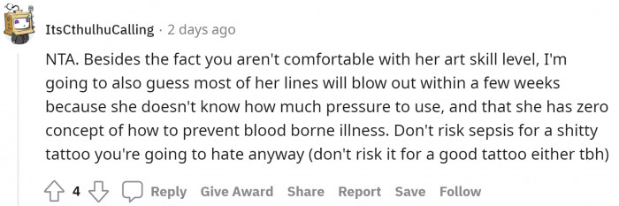 Do not jeopardize your beautiful body for a bad tattoo, not even for a good one.