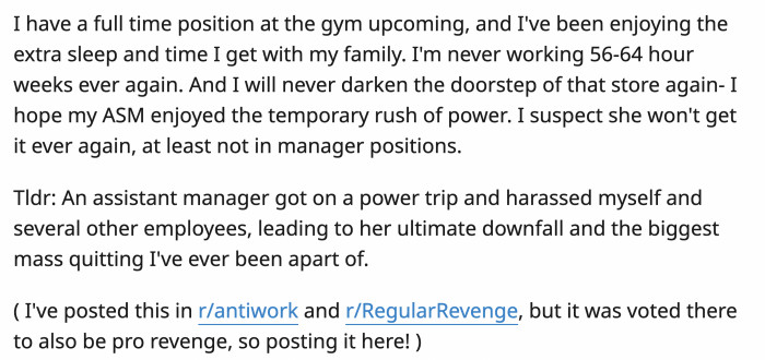 OP is doing great with her new job, especially without an ASM like the last one