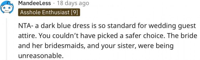 The Best Option This Girl Could Have Chosen for Herself Is a Blue Gown, Which Is Not a Common Color for Bridesmaids to Wear.