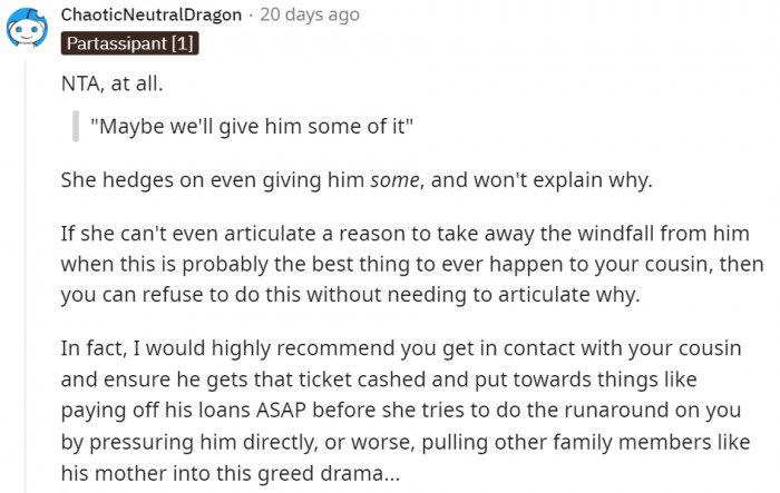 Some? The cousin owns the entire $50,000.