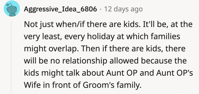 They were right to note that it would set the stage for future interactions. It was short-sighted to side with the groom's family instantly