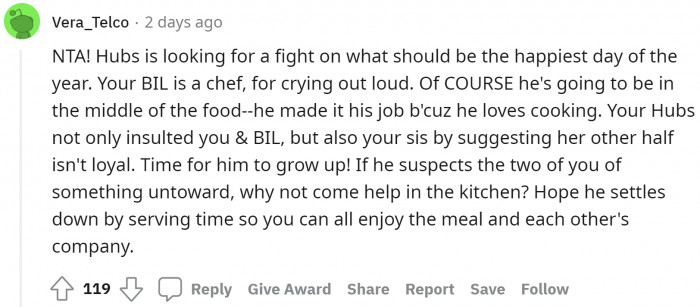BIL helps with the food because he loves cooking and not because the wife's in the kitchen.