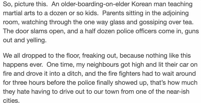 Until one day, while the kids' hapkido class was ongoing and the parents were watching, the police burst in with their guns drawn and yelling.