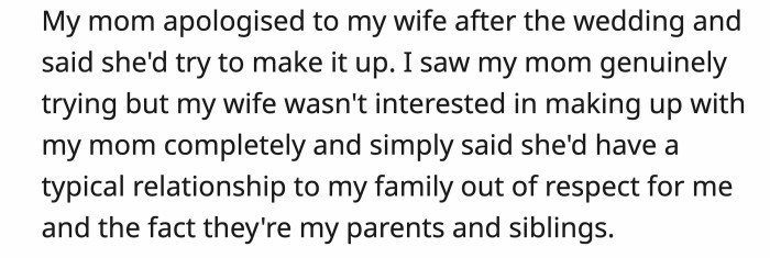 The relationship was irreparable for OP's wife, his mother, and other family members