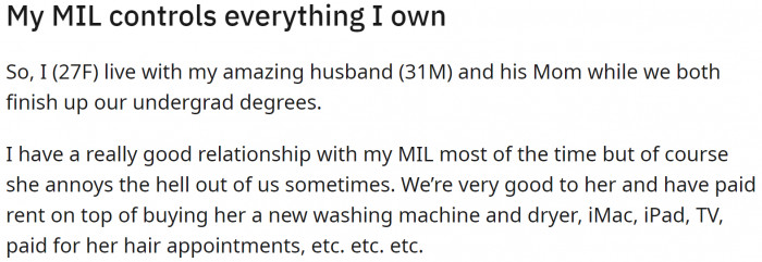 The original poster and her husband provided what the mother-in-law needs and beyond.