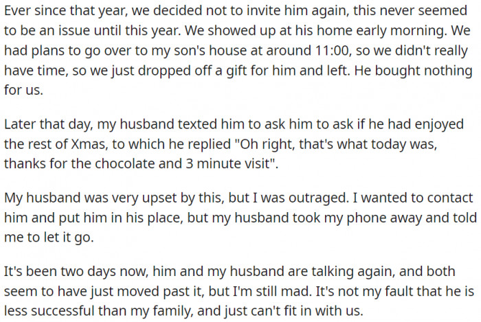They just dropped her husband's son a gift and left after three minutes. She got so mad with the son's reaction.