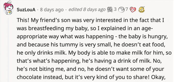 Since the BIL was worried about his kids being exposed to the act of breastfeeding, here's a little story to help understand what it means to them.
