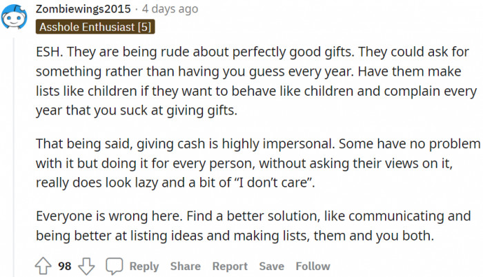 Interestingly, this person finds everyone wrong – mom, husband, and children.