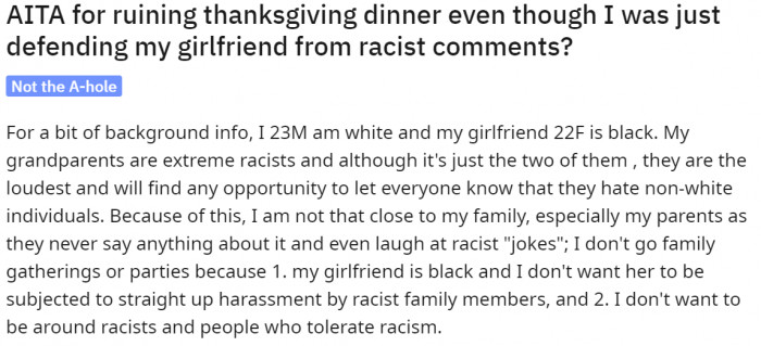 The origin of racism in his family.