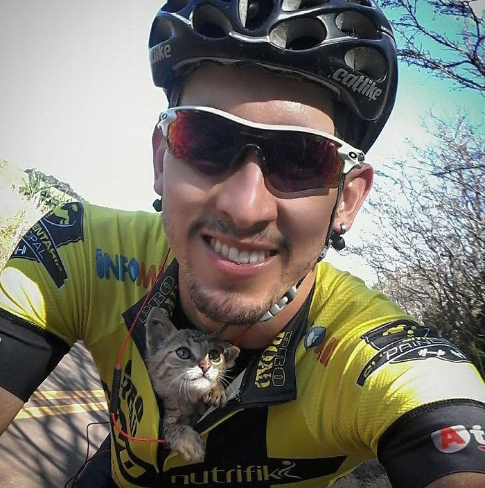 Cyclist kneels beside a rescued kitten, gently offering comfort outdoors