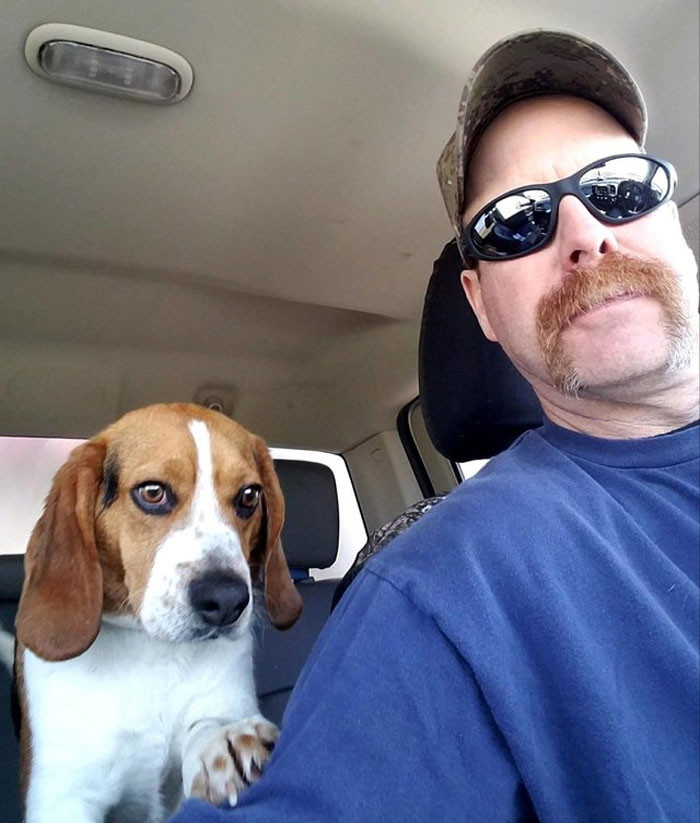 Two year old Gregory the Beagle and Joe Kirk after leaving the shelter