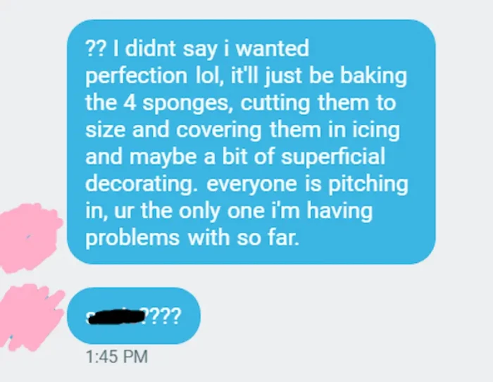 Well, the aunt is not too demanding, it’ll just be “baking the 4 sponges, cutting them to size and covering them in icing and maybe a bit of superficial decorating.”