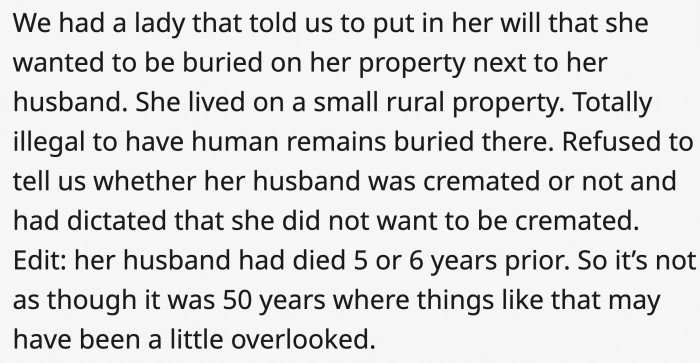 Is she the only one who knows if her husband was cremated or not?