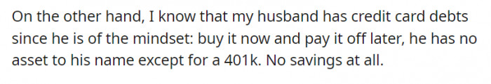 The Redditor sees her husband as someone who doesn't make smart financial decisions.