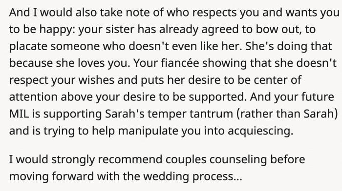 OP will be under the control of Sarah AND her family if they get married. The poor sister will not be allowed to be a part of his life.