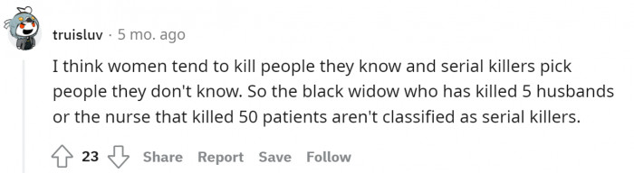 Women don't just get the same attention as male serial killers. Additionally, they only kill people they know, compared to male killers who kill randomly.
