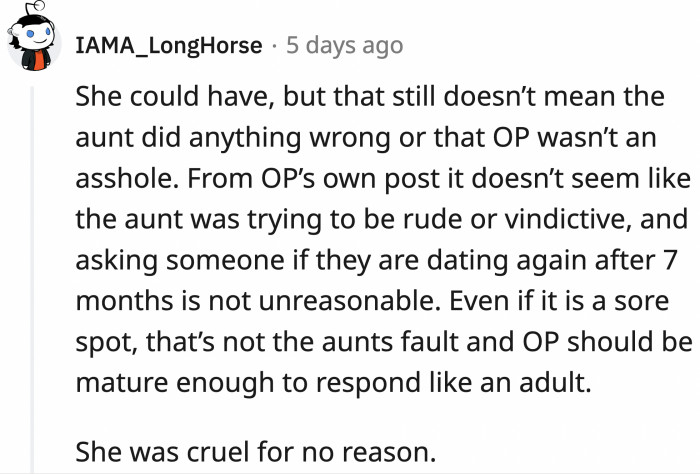 It may be a sore spot for OP but it certainly wasn't unreasonable to ask her if she was back to dating 7 months post-break up