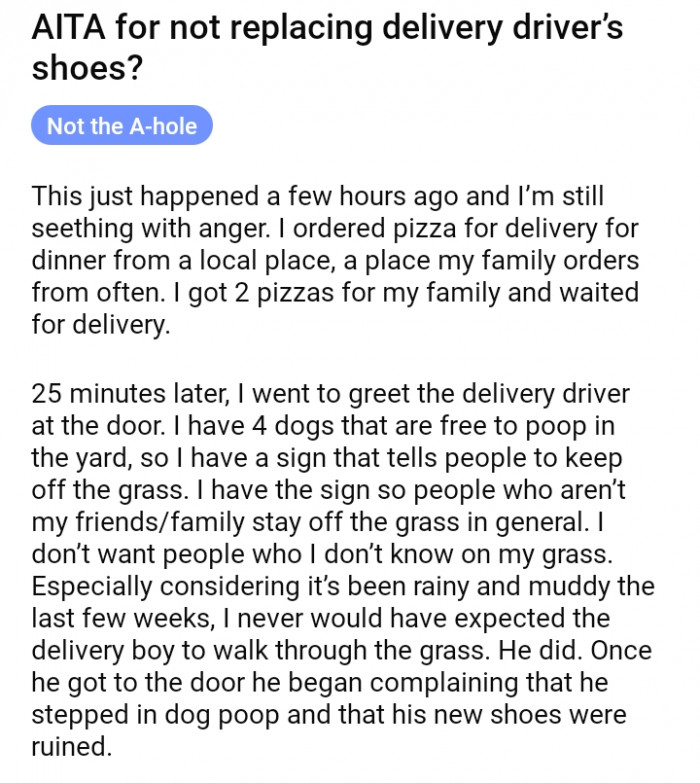 The delivery driver demanding pay for his ruined shoes.