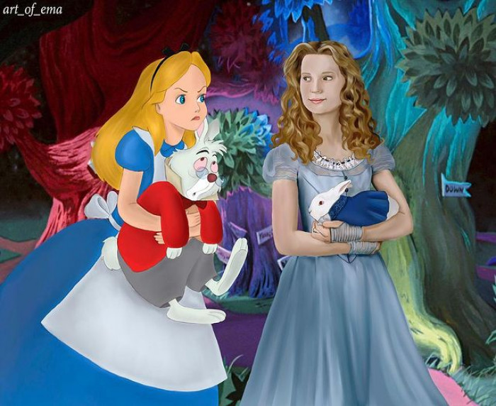 Alice looks annoyed. It seems that they're comparing which Mr. Rabbit is cuter.