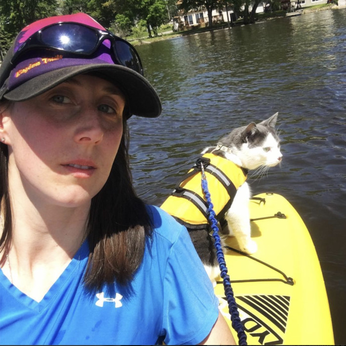 Gabrielle started off slowly, usually just a few minutes of kayaking to get Mr. Munchkin used to it