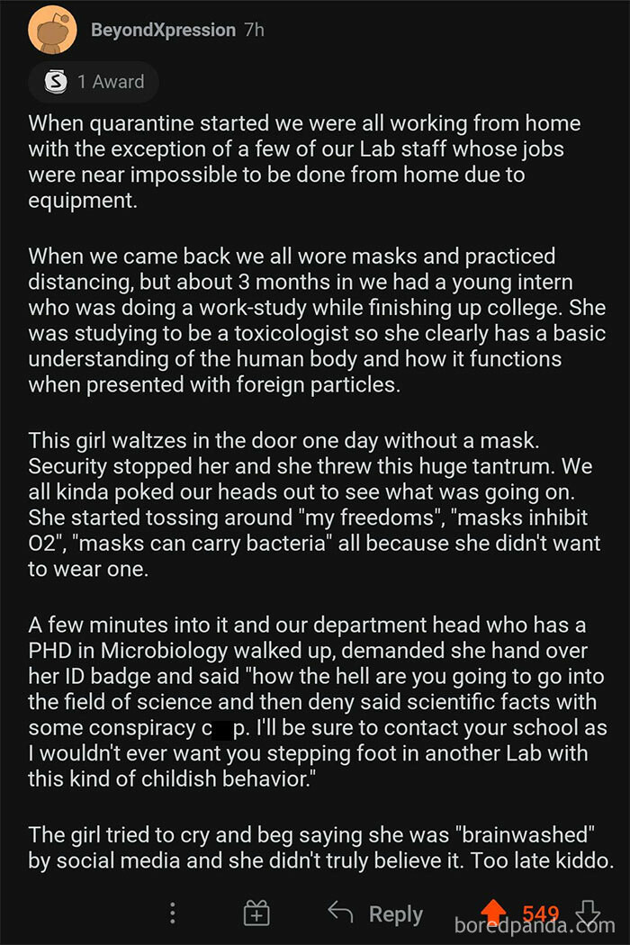 38. This Lab Intern Demanded to Work Without Masks and Gets Fired, Jeopardizing Her Entire Career, Too