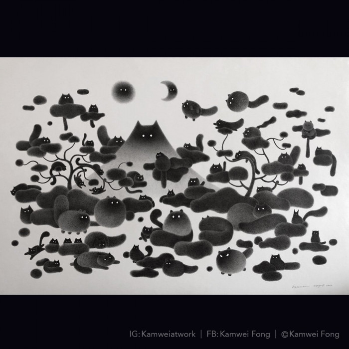 Every single element in the illustration is a cat, including the mountain, sun, and moon.