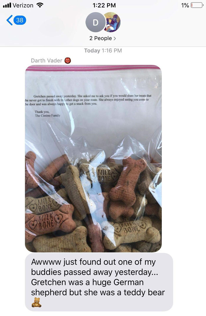 In a text to his daughter, the mailman shared that his German Shepherd buddy, Gretchen had died along with a photo of a note and a bag of dog treats.