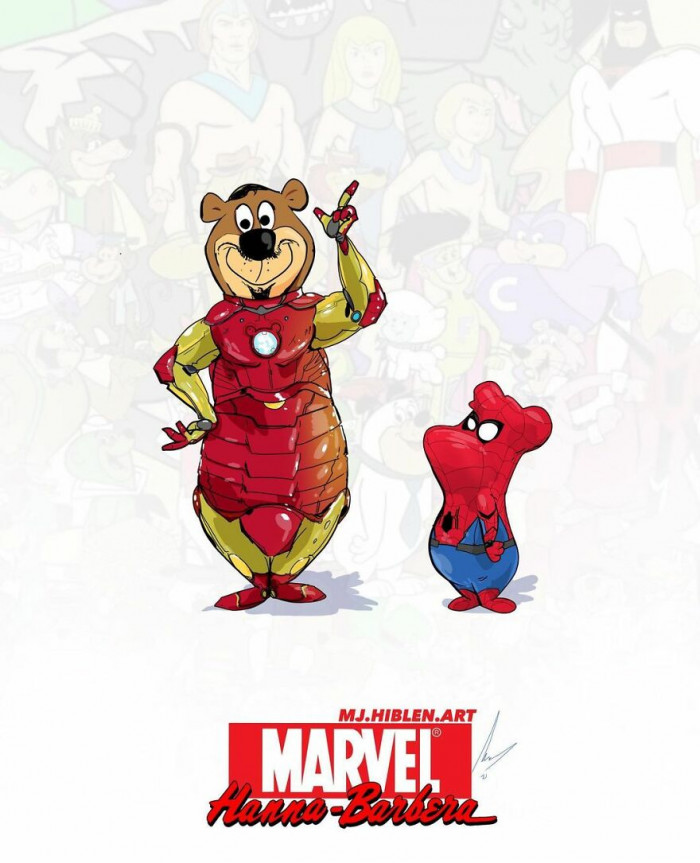 8. A marvelous mashup cover photo of Yogi And Boo-Boo as Iron Man and Spider-Man that are wholly disfigured.